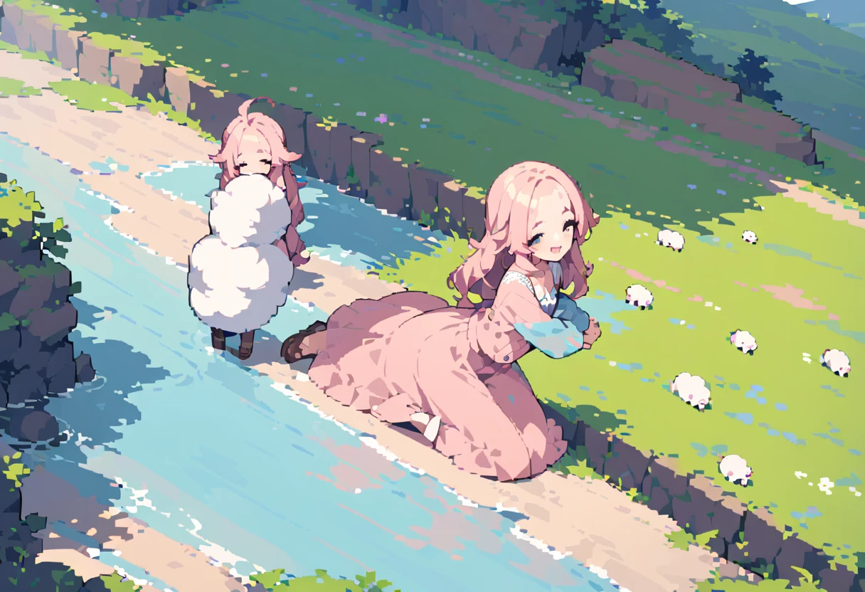 masterpiece, Highest quality, 8k, ((NSFW, Assjob, Turning her back, Zoom butt, Realistic anal, 1boy, penis, cum shot)), Pixel art, Pixel art, Vivid, Sheep, woman, 若いwoman, smile, cute, Directed at an angle, Open your mouth, Fluffy hair, Long Hair, Hair like sheep's hair, Pink Hair, eyebrow, 太いeyebrow