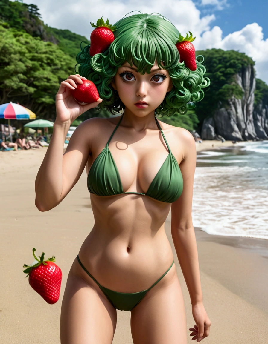 One Punch Man Tatsumaki (hyper realistic, age 17, big eyes, sexy 2 piece bikini) looking disappointed at viewer, holding one strawberry. beach, japan, show all of her head to toe
