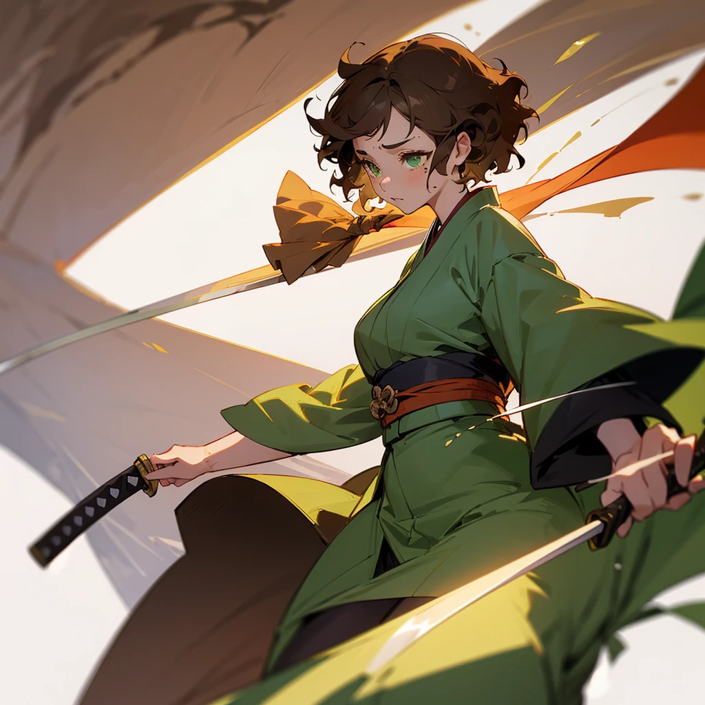 light skin girl, green eyes, short hair, Brown hair, curly hair, moles on the face, dressed provocatively, with a katana in hand. crying, walking. Looking at a fixed point. Kimono with which you can see her legs.