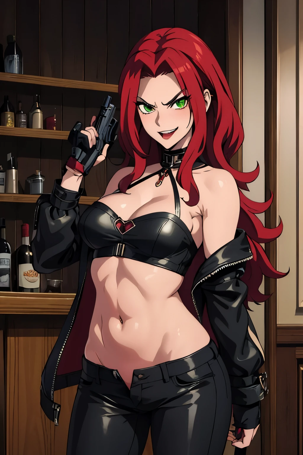 bitch medium breasts, red hair, beautiful face, green eyes, evil smile, blush, lipstick, evil smile, mature female, Hot girl, baddie, staring, glaring, bad attitude, mean girl, dare, angry, hate, crazy, smoking, sensual, attractive, bar background, inside bar, indoor,, fur trim, mature female, gloves, fur-trimmed coat, jacket, masterpiece, best quality, highly detailed, a girls with a gun, evil smile , open mouth, sexy gaze, badass
pose , evil smile, smile, (nsfw) not safe for work, guns blazing, anime girl with long hair, beautiful long
haired girl, navel, evil expression, exposed belly, exposed navel, exposed midriff, exposed lower belly,
long black pants, crop top, cleavage, unbuttoned leather pants ,open fly, low rise black leather pants,
leather jacket, holding a gun, holding pistol