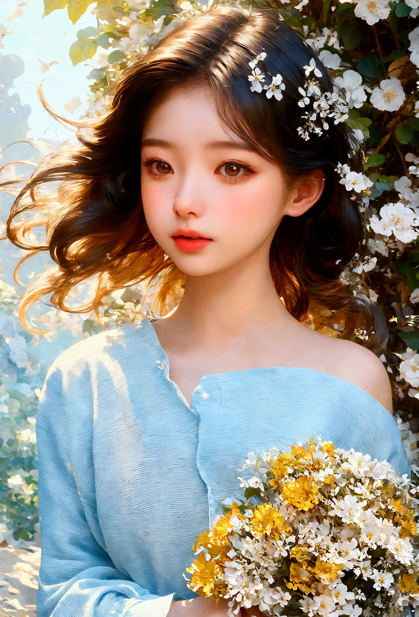 a girl looking down, wind, particles, intricate and detailed natural background, bright mood, upper body, (best quality, masterpiece:1.2), 1girl, detailed eyes, detailed lips, extremely detailed face, long eyelashes, wind blowing hair, serene expression, colorful flowers, lush foliage, sunlight filtering through leaves, warm color palette, soft lighting, cinematic composition, photorealistic, intricate details