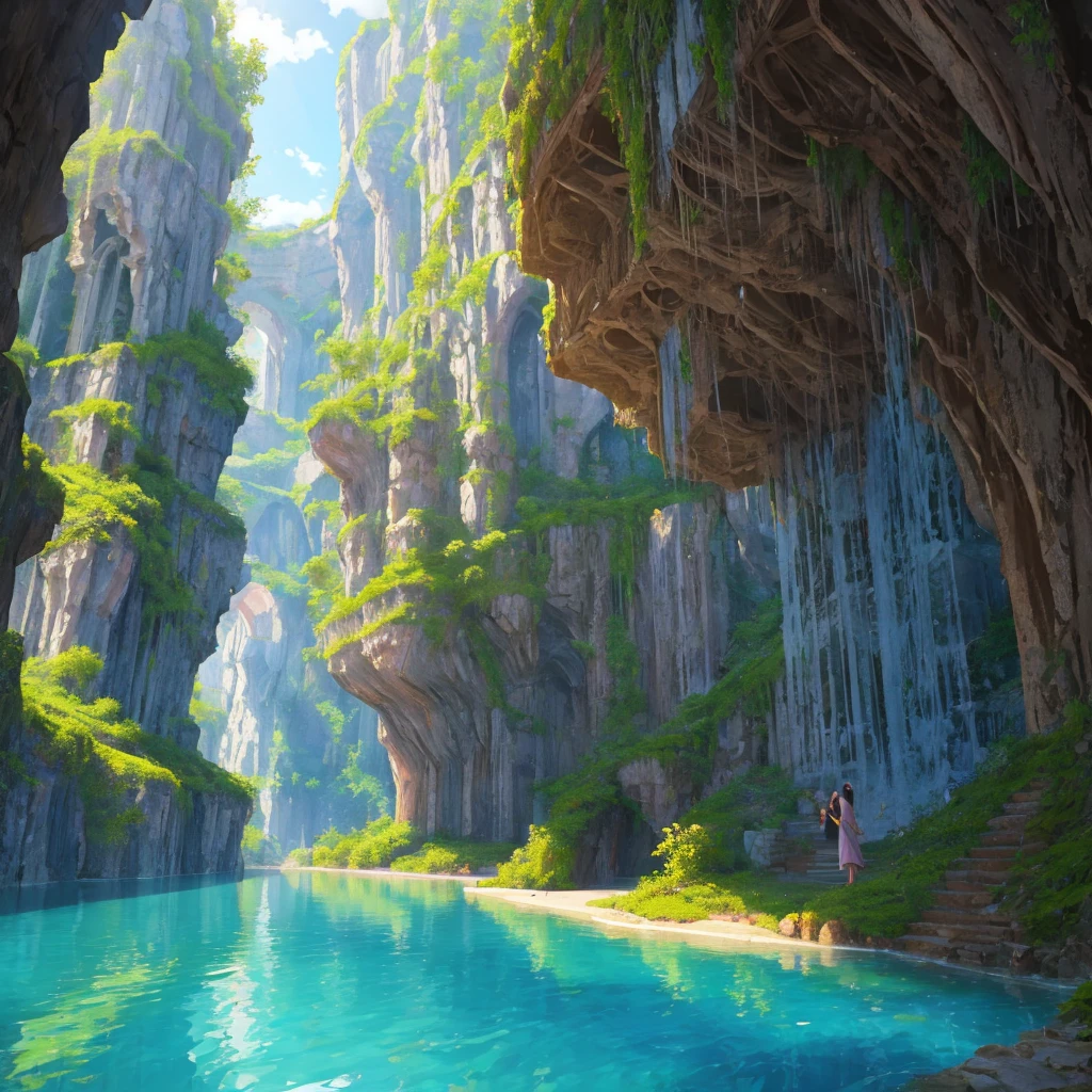 beautiful hidden rose forest with ancient Greek architecture and with a lagoon and a cave