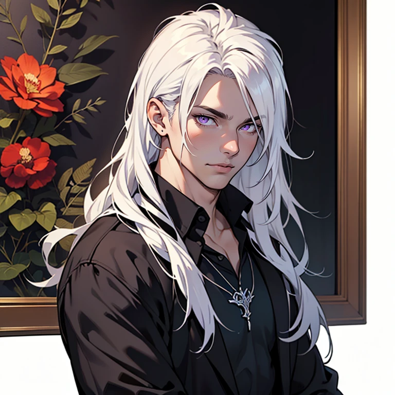 ((masterpiece)), (((best quality))), solo, 1 male, portrait, pale white skin, white hair, long hair, straight hair, purple eyes, handsome young man, casual clothes, necklace, highest quality, highly detailed, original, high resolution CG Unit 8k wallpaper, (best quality, artwork, masterpiece, 4k)