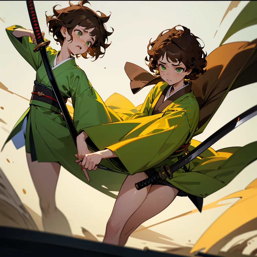 light skin girl, green eyes, short hair, Brown hair, curly hair, moles on the face, dressed provocatively, with a katana in hand. crying, walking. Looking at a fixed point. Kimono with which you can see her legs.