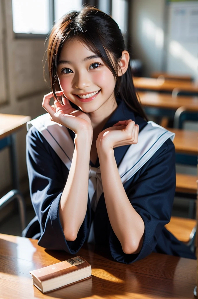 lens: 135mm f1.8, ８K,(Highest quality),(RAW Photos), (Tabletop:1.0), (Beautiful 16 year old Japanese girl), Cute Face, (Deeply chiseled face:0.6), (freckles:0.1), Dramatic lighting, (Japanese School Uniform),(Sailor suit)、Navy Blue Skirt、(In the school classroom), shy, (Close-up shot:0.5), (smile),, (Sparkling eyes)、(sunlight),((smile:1.1))、
