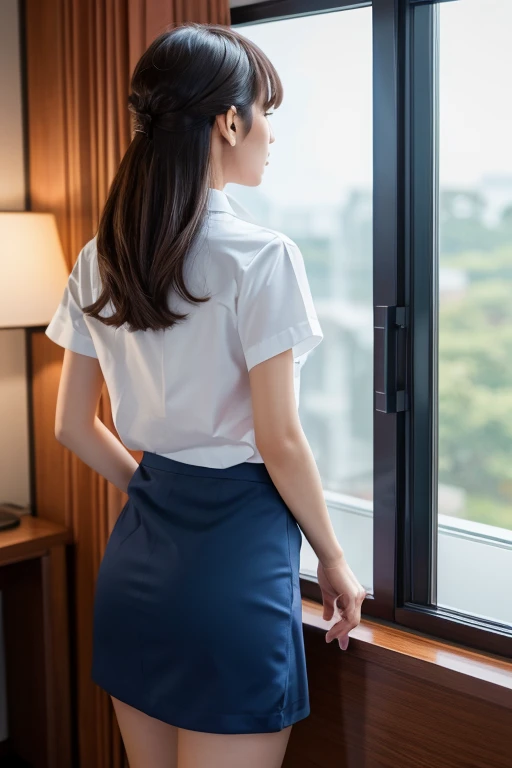 tie, woman、(((Put your hands behind your back,Wrists Crossed)))、beauty、Make your eyes even、(我的手被绳子tie了)、In the hotel room、Rear view、White short-sleeved shirt、Navy blue skirt、Standing in front of the window、Age 25、Medium、as in real life、best quality、