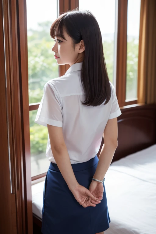 tie, woman、(((Put your hands behind your back,Wrists Crossed)))、beauty、Make your eyes even、(我的手被绳子tie了)、In the hotel room、Rear view、White short-sleeved shirt、Navy blue skirt、Standing in front of the window、Age 25、Medium、as in real life、best quality、