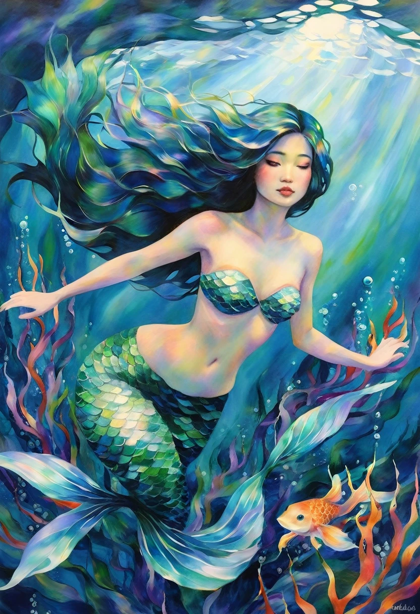 Create an awe-inspiring oil painting that captures the enchanting beauty of a Japanese mermaid gracefully gliding through the depths of the ocean. Using bold and expressive brushstrokes, convey the fluidity and movement of the water as it swirls around the mermaid's ethereal form.

Imagine a scene where the mermaid emerges from the depths, her long, flowing hair cascading like seaweed around her luminous figure. Her eyes shimmer with wisdom and mystery as she gazes into the distance, beckoning viewers into the enchanting world beneath the waves.

With masterful strokes of the brush, depict the intricate details of the mermaid's scales, shimmering with iridescent hues of blue and green. Let the play of light and shadow dance across the canvas, evoking the ever-changing currents of the ocean depths.

In the background, paint a panorama of coral reefs, swaying sea plants, and exotic marine life, creating a vibrant tapestry of color and movement that surrounds the mermaid in her watery domain.

As viewers gaze upon the painting, they are transported into a world of magic and wonder, where the boundary between reality and myth fades away. "Song of the Deep" is not merely a painting—it is a mesmerizing symphony of color, texture, and emotion that celebrates the timeless allure of the sea and the mysterious beauty of the Japanese mermaid.