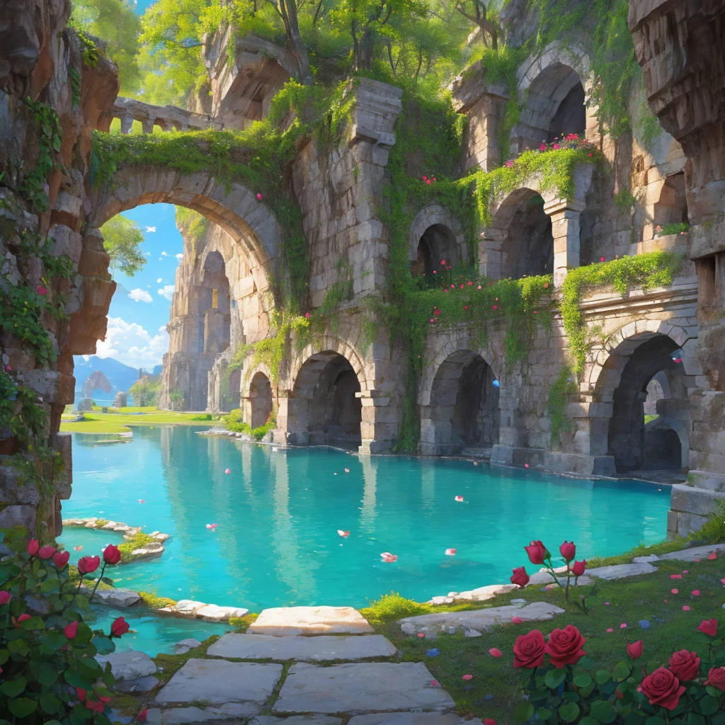beautiful hidden rose forest with ancient Greek architecture and with a lagoon and a cave