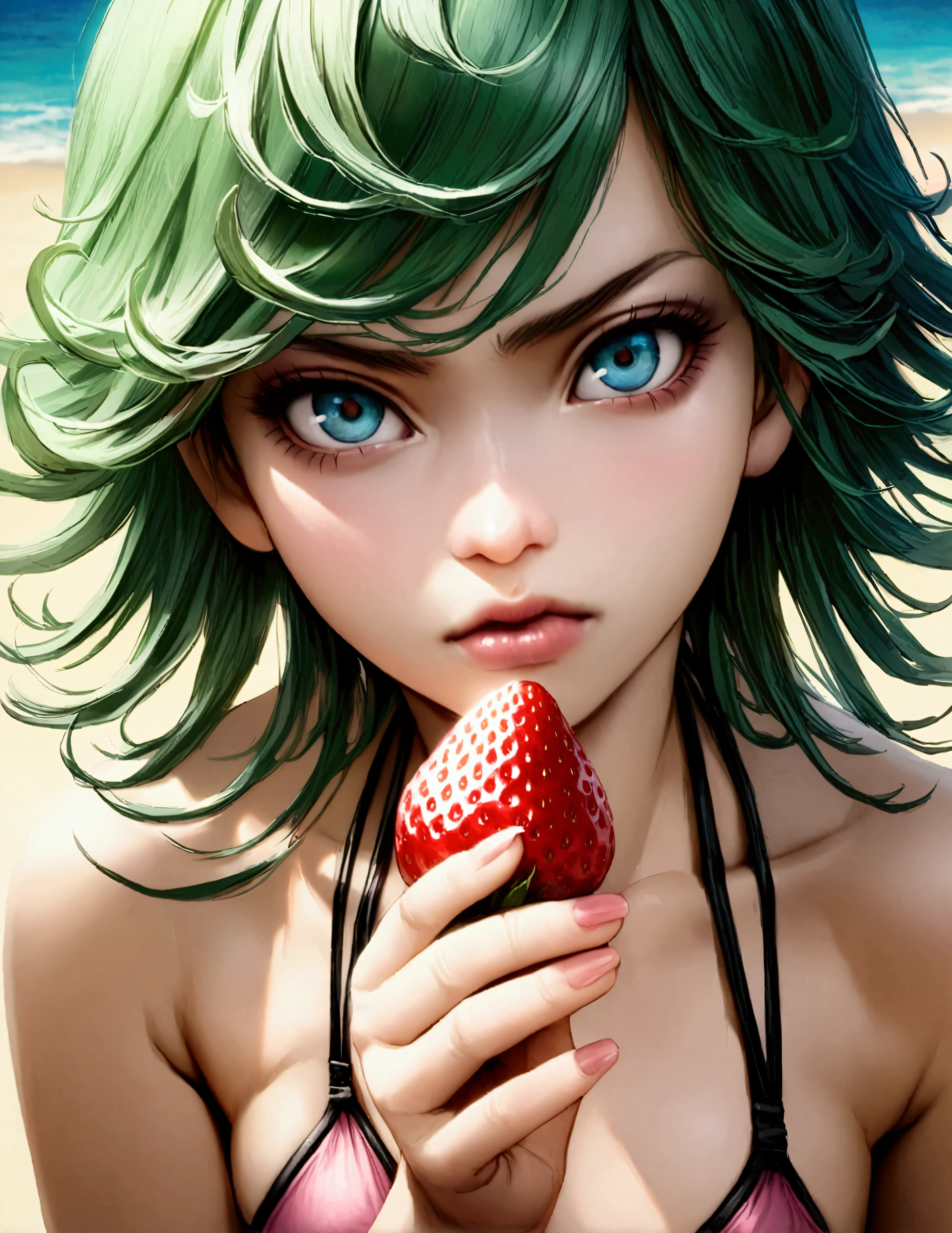 One Punch Man Tatsumaki  (hyper realistic, age 17, big eyes, sexy 2 piece bikini) looking disappointed at viewer, holding one strawberry. beach, japan