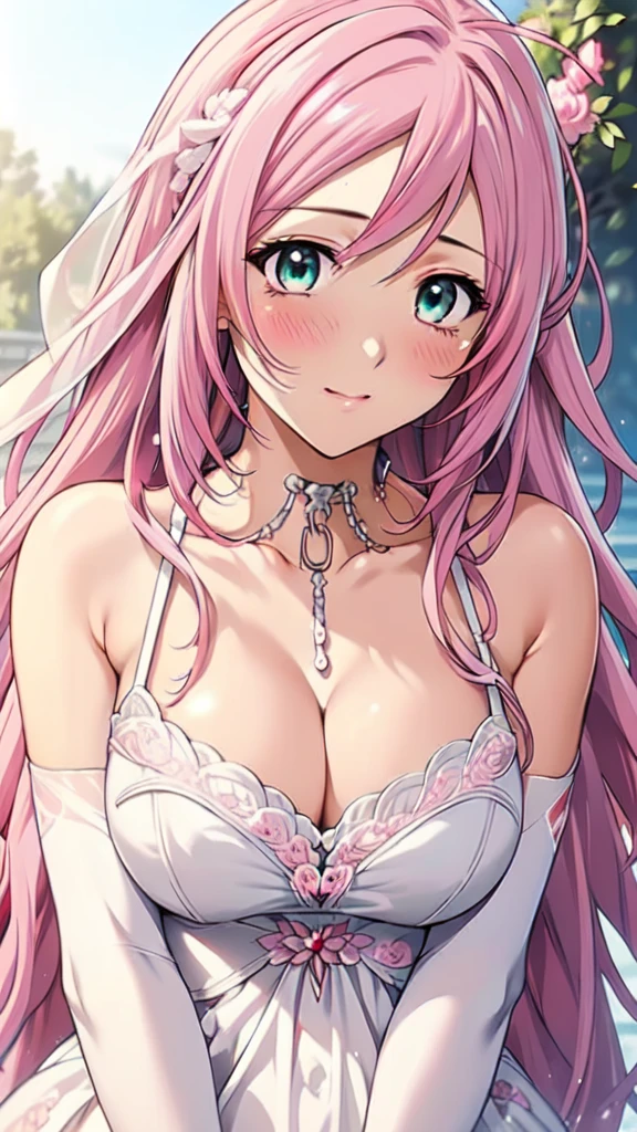 (masterpiece, best quality, beautiful and aesthetic:1.3), 1woman, mature woman,solo, light smile,  (Silver pink hair streaked red:1.4), (Gradient pink hair ends:1.6), hair strand, absurdly long hair, single sidelock, wavy hair, shiny hair, floating hair, (deep green eyes), delicate eyes, aqua eyes, super high detailed eyes, long upper eyelashes, makeup, Focus on face, Very detailed facial, Pretty Face, Perfect breasts, hot body, (Delicate skin texture:1.2), bridal veil, lace-trimmed dress, see-through, wedding dress, outdoors, white roses, garden, morning, standing, extreme detailed, 