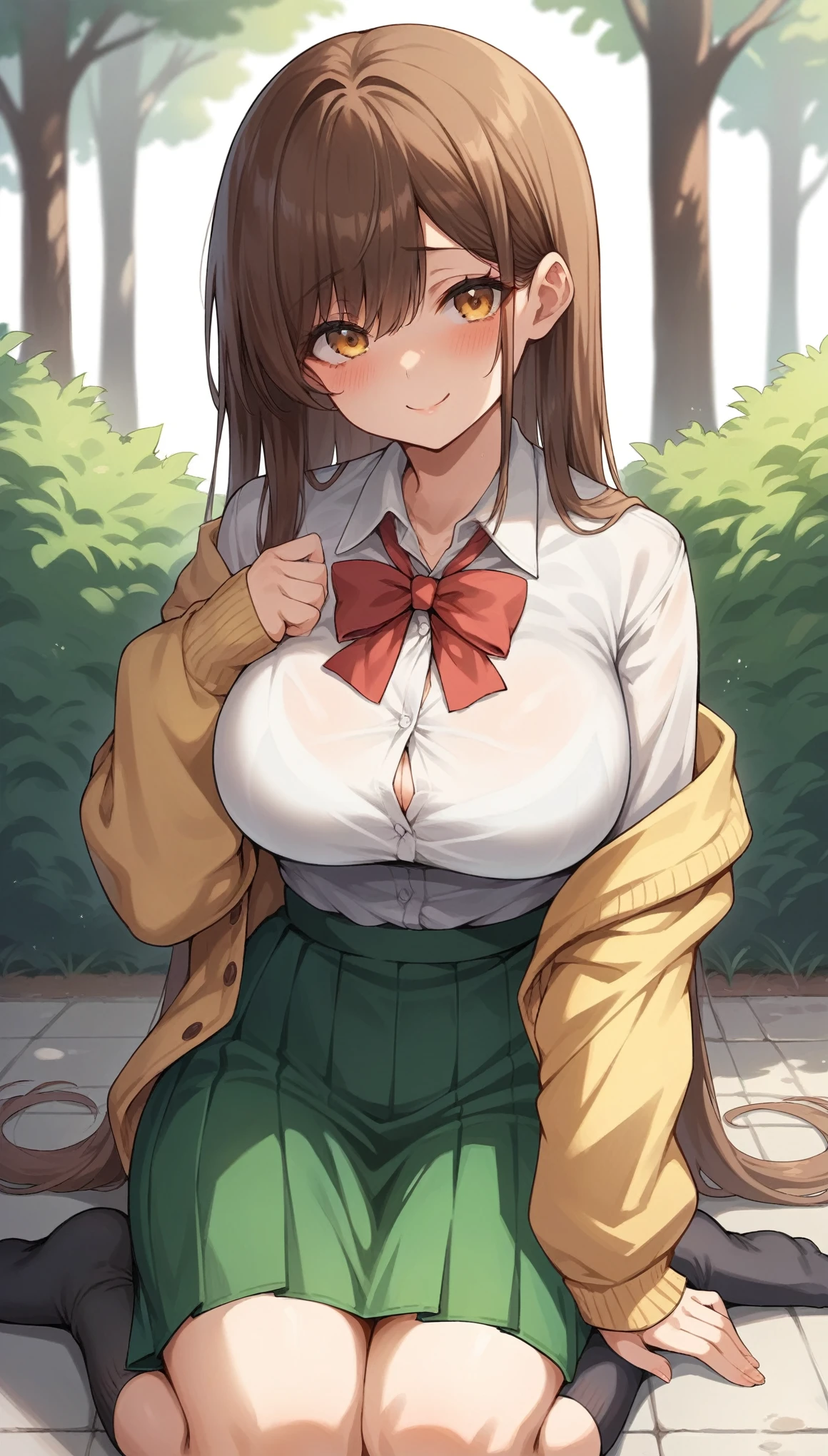 beautiful anime high school girl, shy gaze, big breasts, thick thigs, long black socks, green skirt, white blouse, red ribbon, open yellow cardigan, long brown hair, amber eyes, going on a date, in the park, shy smile, blushing brigthly, looking at camera