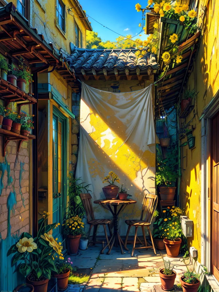 wide view, a worn off yellow big wall, white wooden dining setup in front, outdoors, sunlight falling through, shade, shed, yellow flowers pot on table, bushes, cracks, scribbing on the wall, vibrant color tones, ghibli style, no humans, scenery, masterpiece, high resolution 