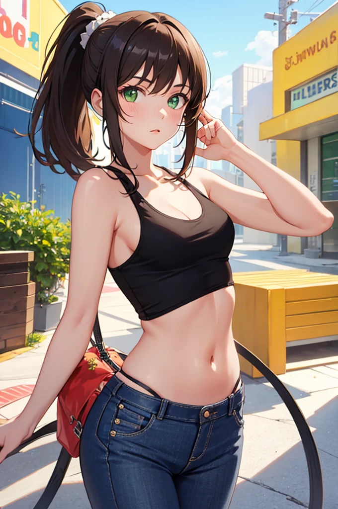 1girl, solo, cowboy shot, facing viewer, medium hair, ponytail, sidelocks, brown hair, green eyes, toned, medium breasts, {{white}} tanktop, small cleavage, visible belly, tight black pants,