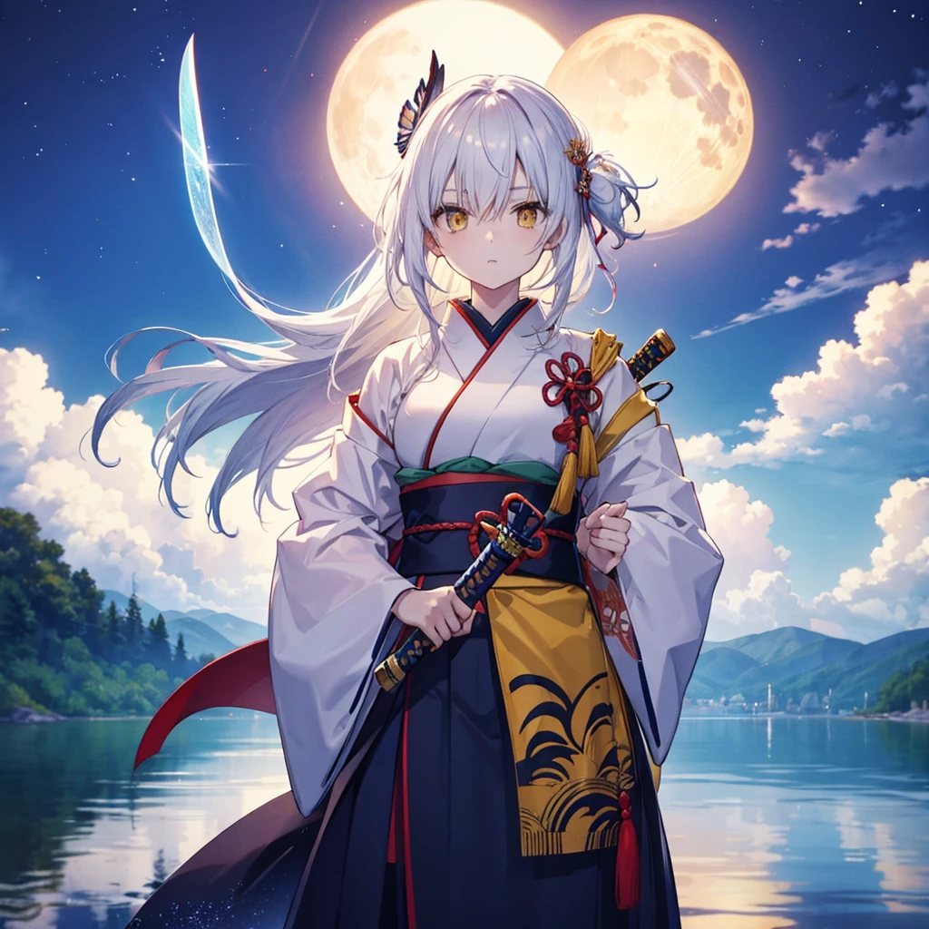 One woman,Japanese Samurai((Cool expression holding a sword,Mature,Close-up)) background(Big full moon,Reflected in the lake) Serious expression,Looking diagonally upwards, pure white long hair,Yellow eyes blowing in the wind,A very shining yellow butterfly is fluttering,Standing on a mysterious lake,Lonely Japanese anime style