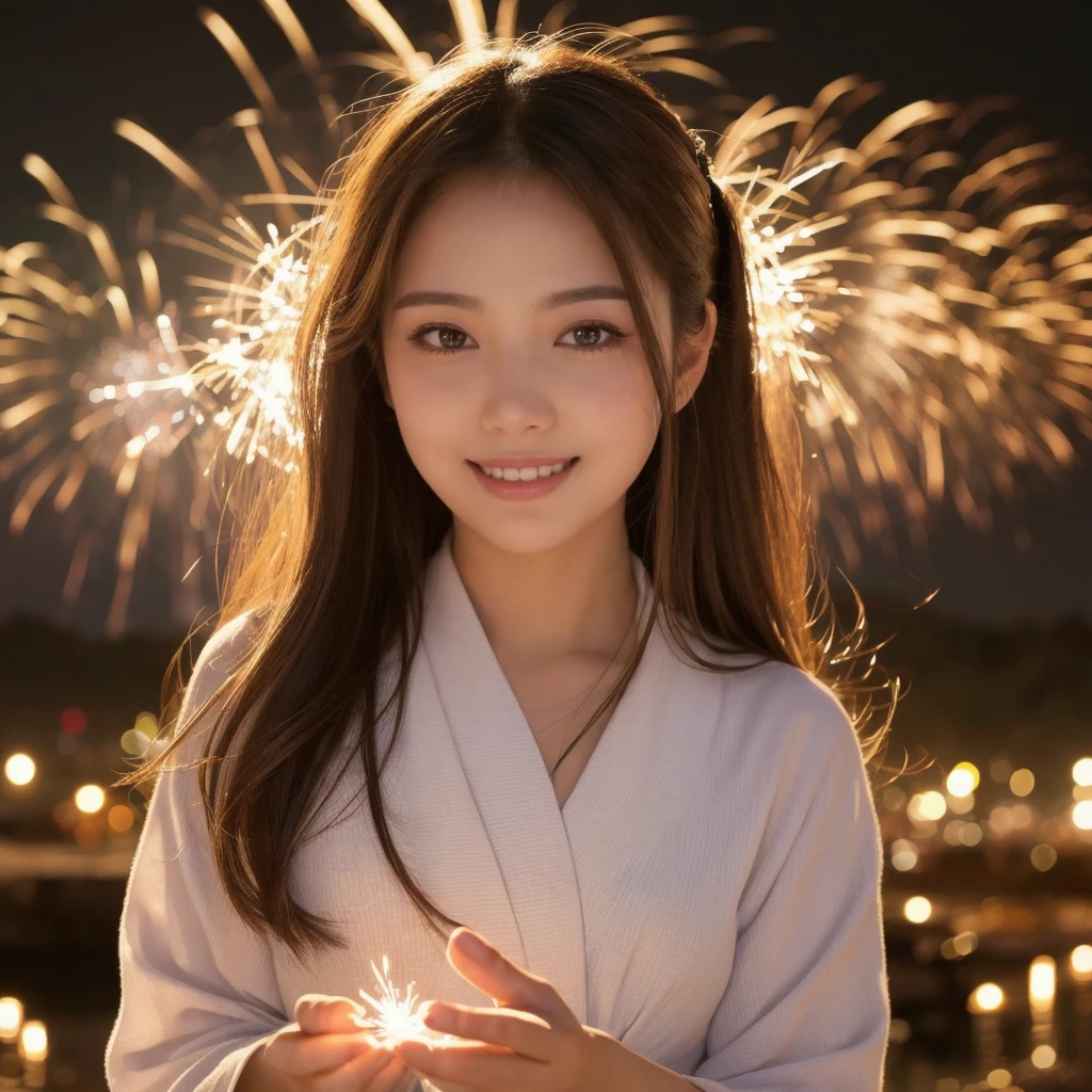 (“solo” Detailed and realistic portrait of a beautiful young Asian woman。She has long light brown hair and big light brown eyes. )A beautiful woman with her hair up, wearing a vibrant yukata, holds a sparkler in her hand under the night sky. The light from the sparkler softly illuminates her face, highlighting her charming smile. The background exudes the quiet ambiance of a summer night, with distant fireworks audible in the distance.
