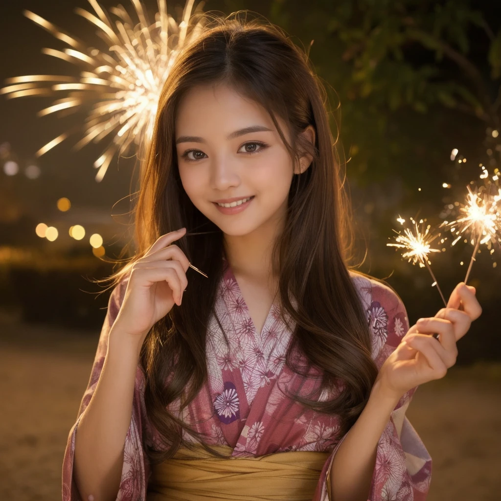 (“solo” Detailed and realistic portrait of a beautiful young Asian woman。She has long light brown hair and big light brown eyes. )A beautiful woman with her hair up, wearing a vibrant yukata, holds a sparkler in her hand under the night sky. The light from the sparkler softly illuminates her face, highlighting her charming smile. The background exudes the quiet ambiance of a summer night, with distant fireworks audible in the distance.