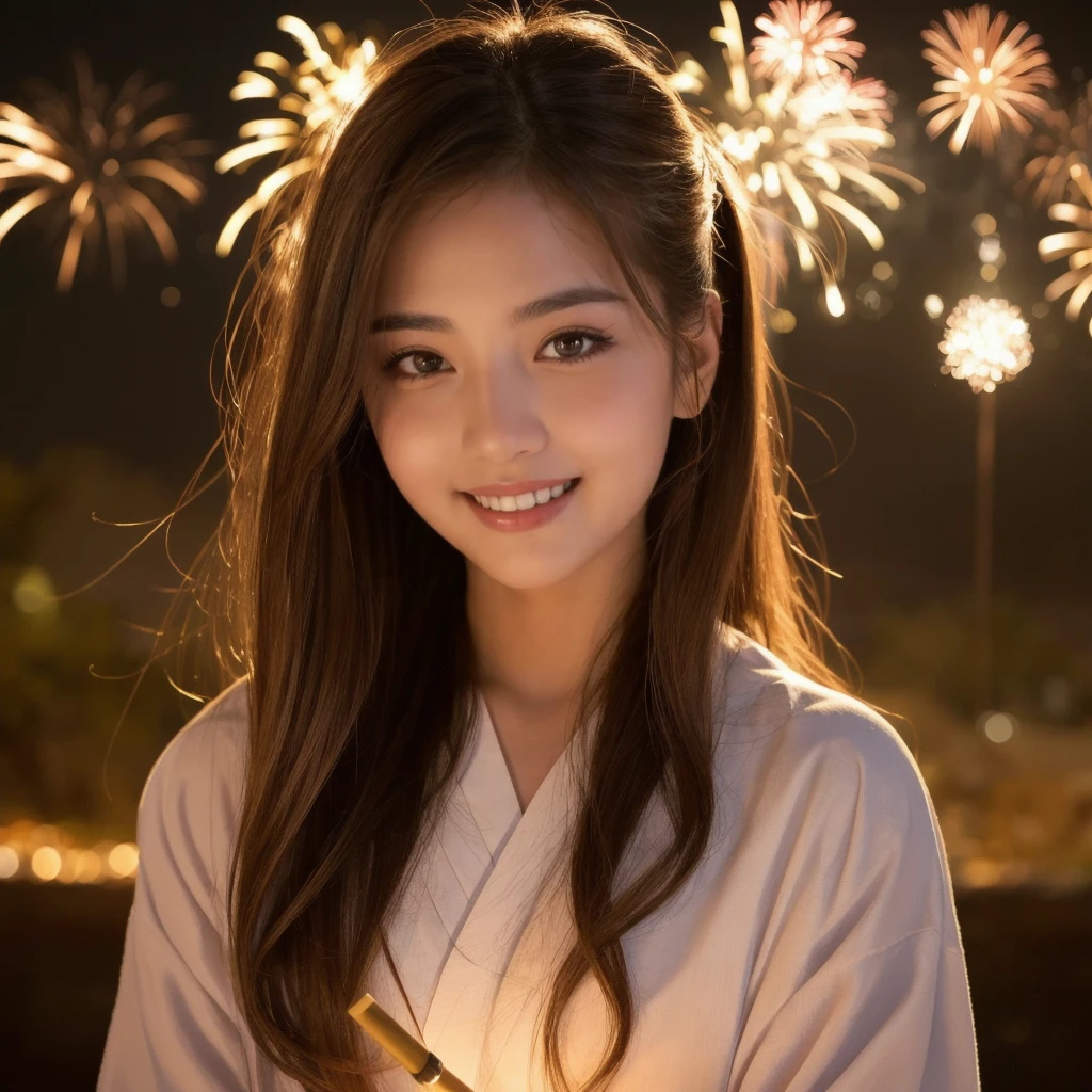 (“solo” Detailed and realistic portrait of a beautiful young Asian woman。She has long light brown hair and big light brown eyes. )A beautiful woman with her hair up, wearing a vibrant yukata, holds a sparkler in her hand under the night sky. The light from the sparkler softly illuminates her face, highlighting her charming smile. The background exudes the quiet ambiance of a summer night, with distant fireworks audible in the distance.