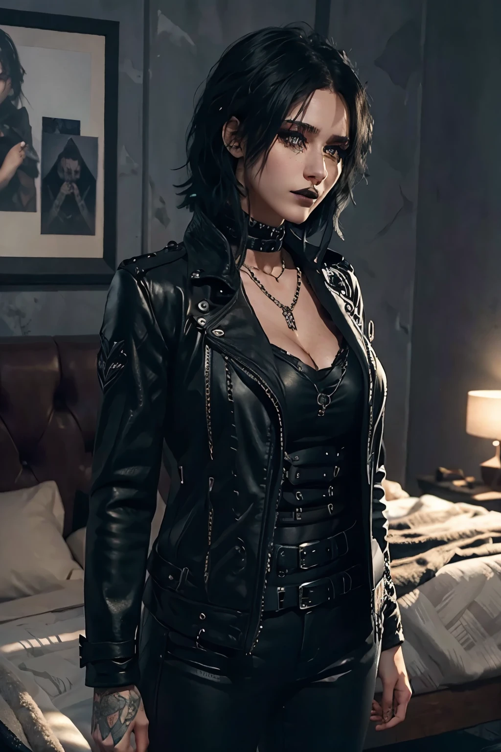 1girl, beautiful gothic woman, goth girl, designer sweatshirt coat with logos, black pants, short black hair with blue tips, lying in bed, bedroom, (best quality,4k,8k,highres,masterpiece:1.2),ultra-detailed,(realistic,photorealistic,photo-realistic:1.37),HDR,UHD,studio lighting,ultra-fine painting,sharp focus,physically-based rendering,extreme detail description,professional,vivid colors,bokeh,portraits,chiaroscuro,dramatic lighting,moody,atmospheric,cold color palette