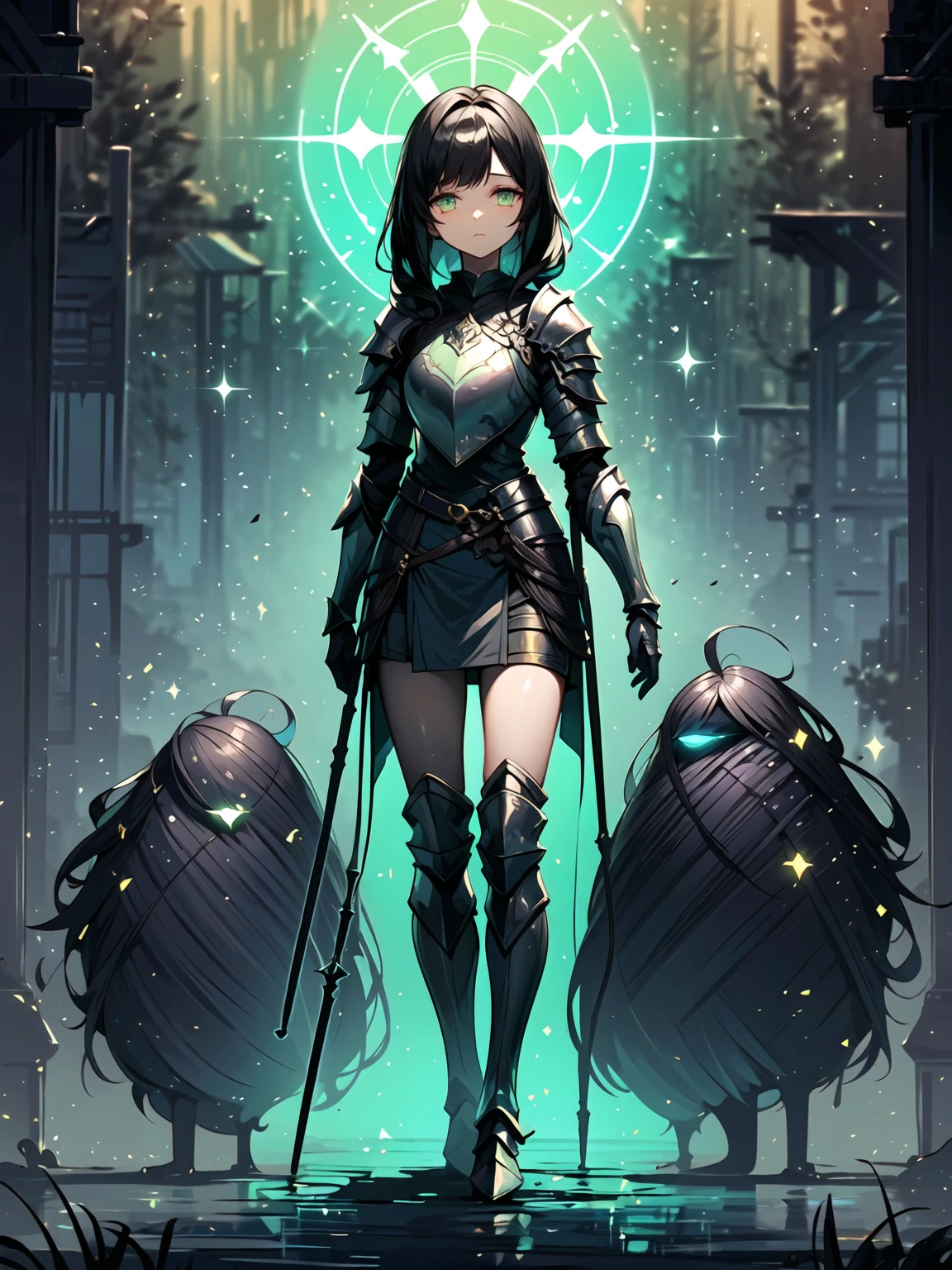 (((Masterpiece, best quality, 16k))) female character with long black hair and glowing green eyes. She wears an ethereal armor in silver, gold, and blue. wields a mystical staff with a floating crystal. The character has a serene expression, with a tranquil forest as the background. ((full body front view)). ((slender)), (extremely detailed:1.5), (long black hair:1.2), (glowing green eyes:1.2), (tranquil forest:1.1), (ethereal armor:1.3), (mystical staff:1.3).