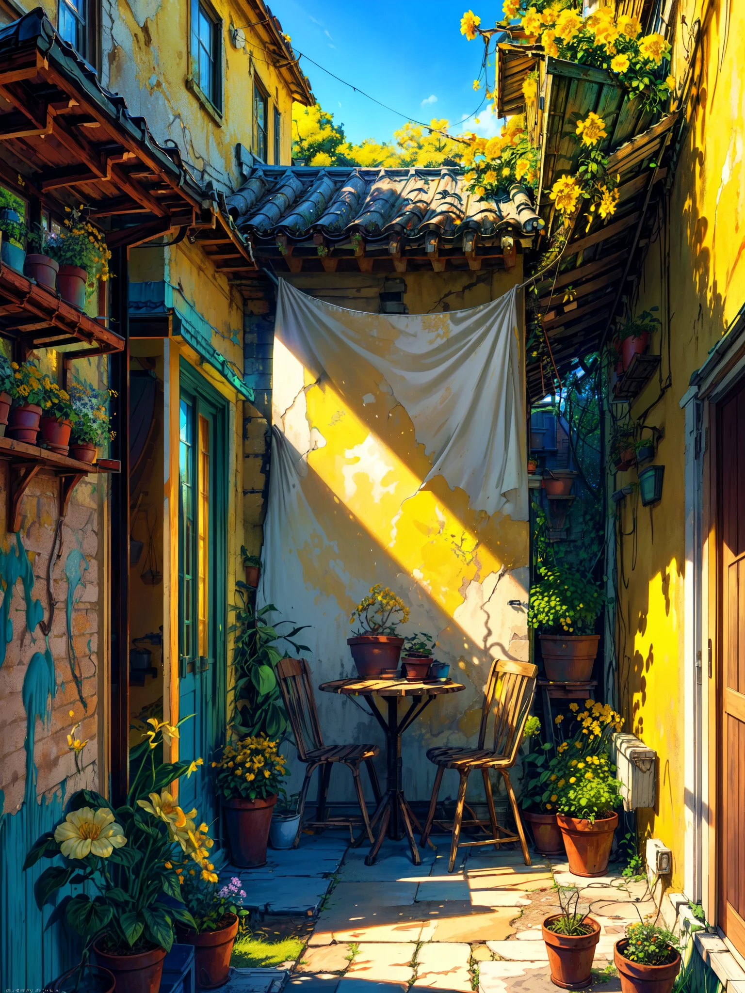 wide view, a worn off yellow big wall, white wooden dining setup in front, outdoors, sunlight falling through, shade, shed, yellow flowers pot on table, bushes, cracks, scribbing on the wall, vibrant color tones, ghibli style, no humans, scenery, masterpiece, high resolution