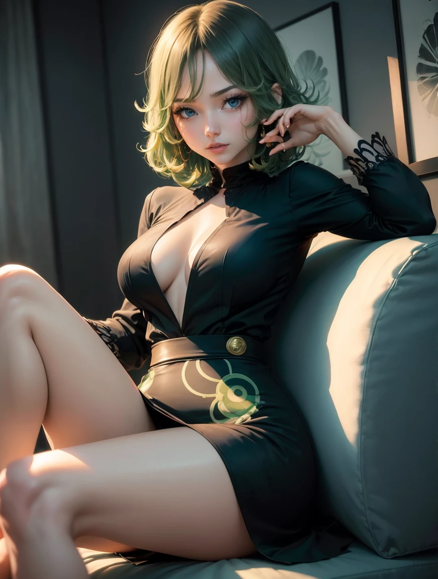 (work of art, best qualityer:1.2), only, 1 girl, tatsumaki, not funny, cloused mouth, looking a viewer, hand on our face, sitting down, short black dress,muslos grandes,crossing the leg, hair green