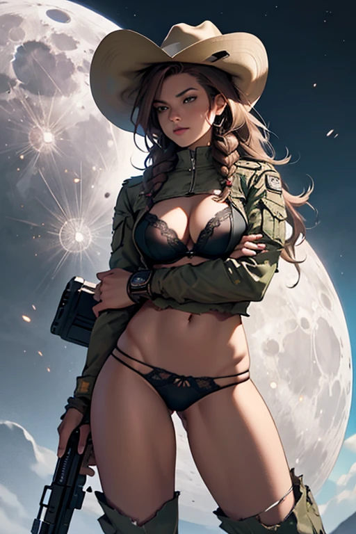 a cyborg girl, milf, robotic legs and arm, cowboy hat, long braided brown hair, torn clothes, exposed panties and bra, military boot, rifle under arm, legs apart, background moon