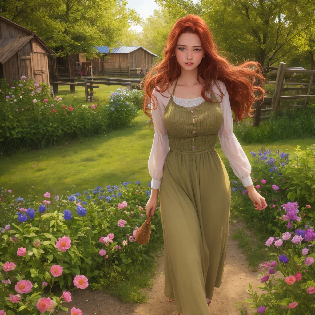 Luma is a classy person, She is very pretty，And a strong attitude, Her breasts are full, Pear shaped female silhouette, Auburn hair, long Auburn hair, She has expressive eyes, ( Only eyes are olive green) She has fair skin，There are some light freckles on the cheekbones, plump, farm, Brown country style clothes, Bohemian style clothes, farm波西米亚风时尚服饰, Romantic atmosphere, fire light, Fire, Flowery dress, half straight hair，Half curl cartoon