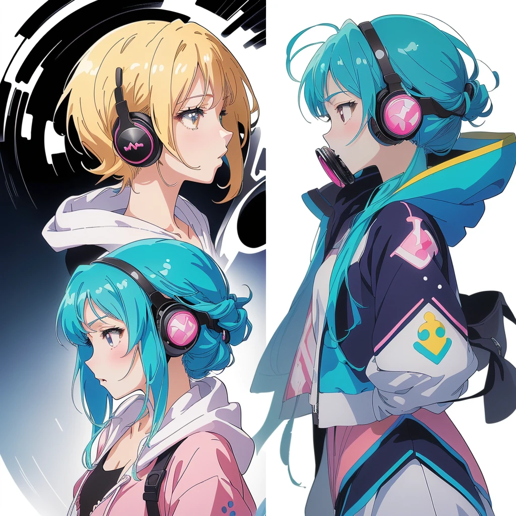 1girl,(((Highest quality、Masterpiece、Official Art、Super detailed、Anime Style、The best dynamic composition、profile、Perfect Anatomy)))、 Headphones, hoodie, Vibrant colors, neon, White background、gas mask、They&#39;re holding guns to each other&#39;s chests、Face close-up、