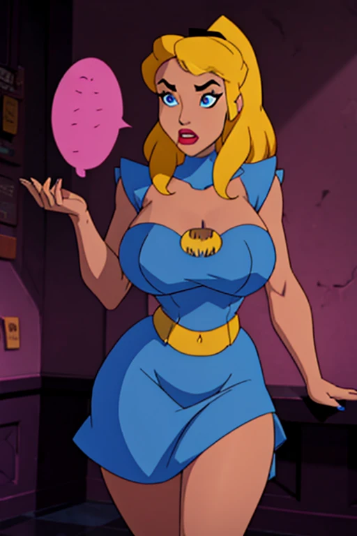 Damian Wayne(aka Robin/Son-of-Batman) transformed into a female blonde bimbo with gigantic breasts with erect nipples and thick lips and is dressed as a pink stepford housewife.