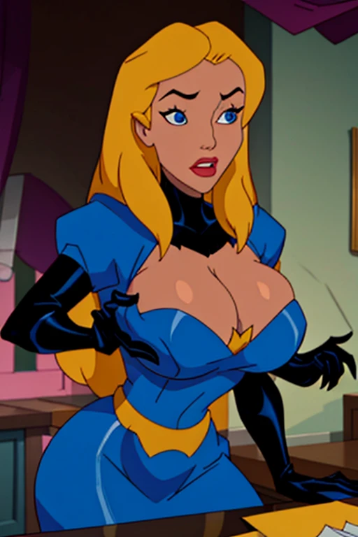 Batman transforming into a docile sexy female bimbo Alice with huge breasts and thick lips