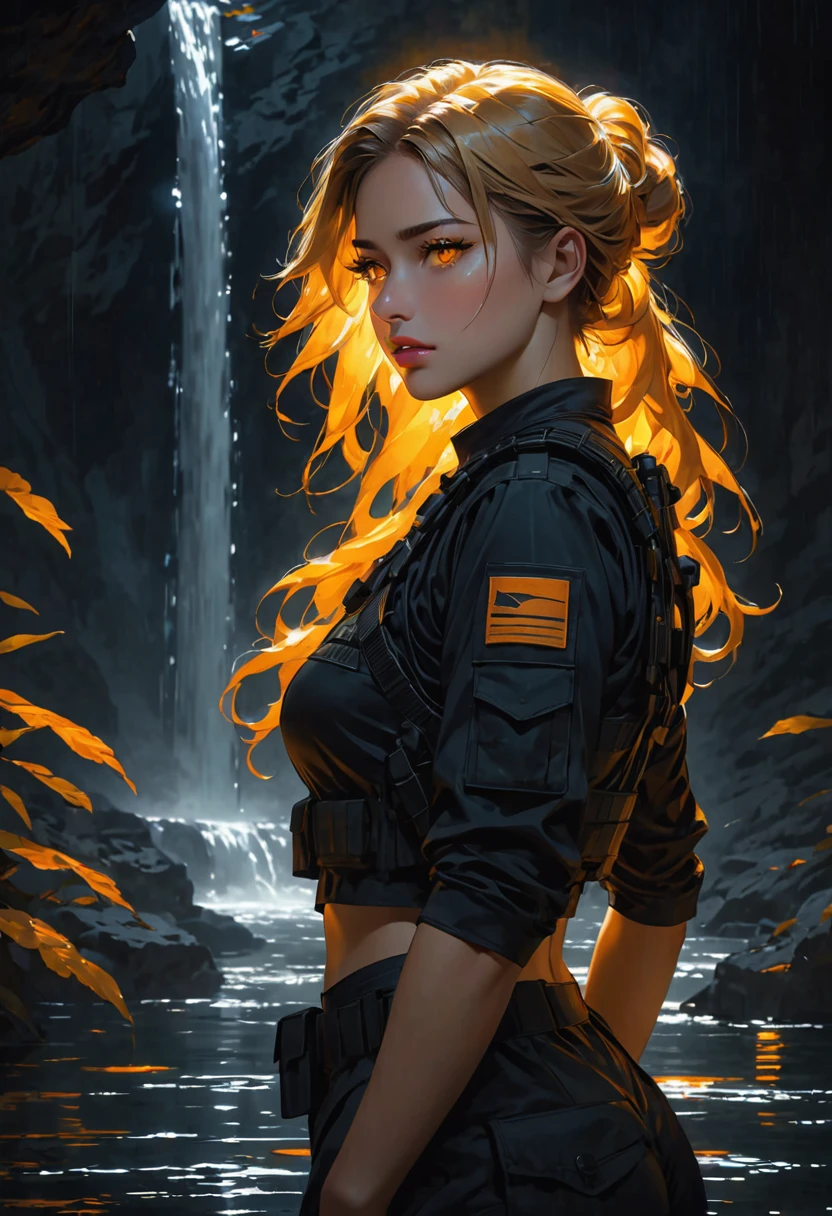 ((best quality)), ((artwork)), In a dimly lit, dark room, a  woman with Greek features stands out. Her dark blonde hair cascades down her back like a waterfall of moonlight, and her full lips are pressed into a firm line, giving away nothing. Her light yellow and orange luminescent eyes seem to glow in the darkness, their intensity piercing despite her withdrawn demeanor. She's dressed in a black tactical uniform, its utilitarian design contrasting with her apathetic expression. As she stands, her toned physique appears both powerful and contained, reflecting her reputation for being very dedicated to her mission.