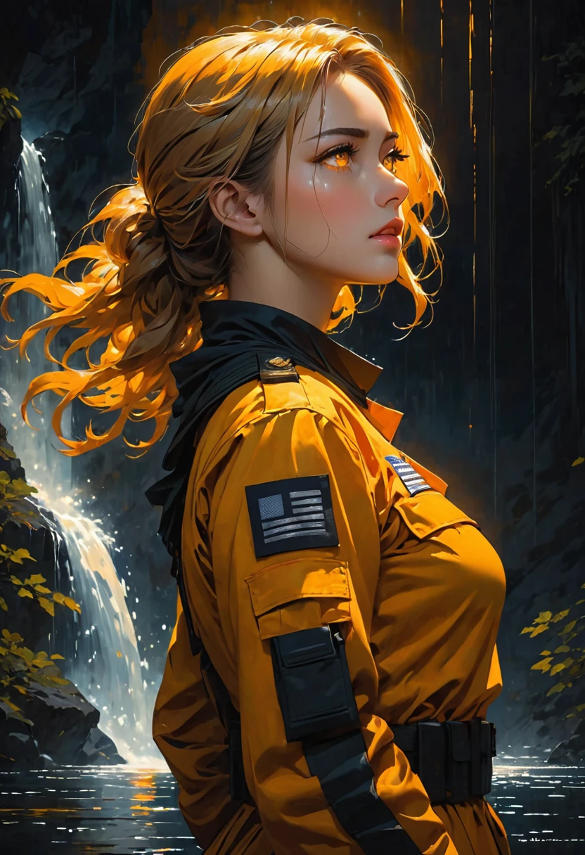 ((best quality)), ((artwork)), In a dimly lit, dark room, a  woman with Greek features stands out. Her dark blonde hair cascades down her back like a waterfall of moonlight, and her full lips are pressed into a firm line, giving away nothing. Her light yellow and orange luminescent eyes seem to glow in the darkness, their intensity piercing despite her withdrawn demeanor. She's dressed in a black tactical uniform, its utilitarian design contrasting with her apathetic expression. As she stands, her toned physique appears both powerful and contained, reflecting her reputation for being very dedicated to her mission.