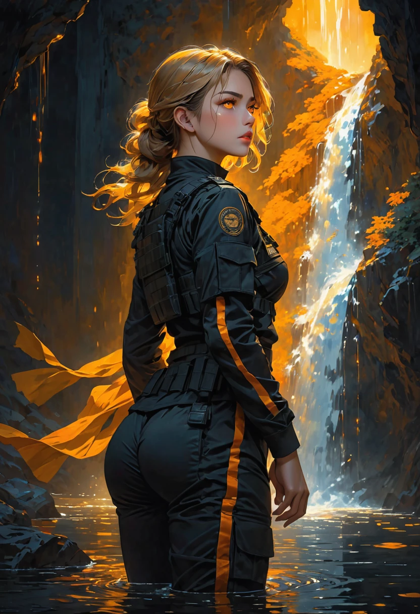 ((best quality)), ((artwork)), In a dimly lit, dark room, a  woman with Greek features stands out. Her dark blonde hair cascades down her back like a waterfall of moonlight, and her full lips are pressed into a firm line, giving away nothing. Her light yellow and orange luminescent eyes seem to glow in the darkness, their intensity piercing despite her withdrawn demeanor. She's dressed in a black tactical uniform, its utilitarian design contrasting with her apathetic expression. As she stands, her toned physique appears both powerful and contained, reflecting her reputation for being very dedicated to her mission.