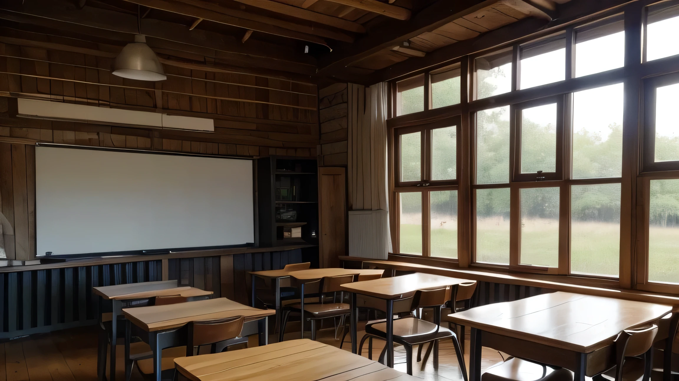 “The classroom is quiet and empty with rows of wooden chairs arranged from old wood, giving a rustic feel. A whiteboard is positioned at the front of the room. Photos taken from the air, capture the orderly but natural setting and calm atmosphere. Add elements that give a mysterious feel, such as a single table with a slightly opened old book emitting a dim light, shadows forming unusual shapes on the walls, and a subtle mist creeping by. along the floor."