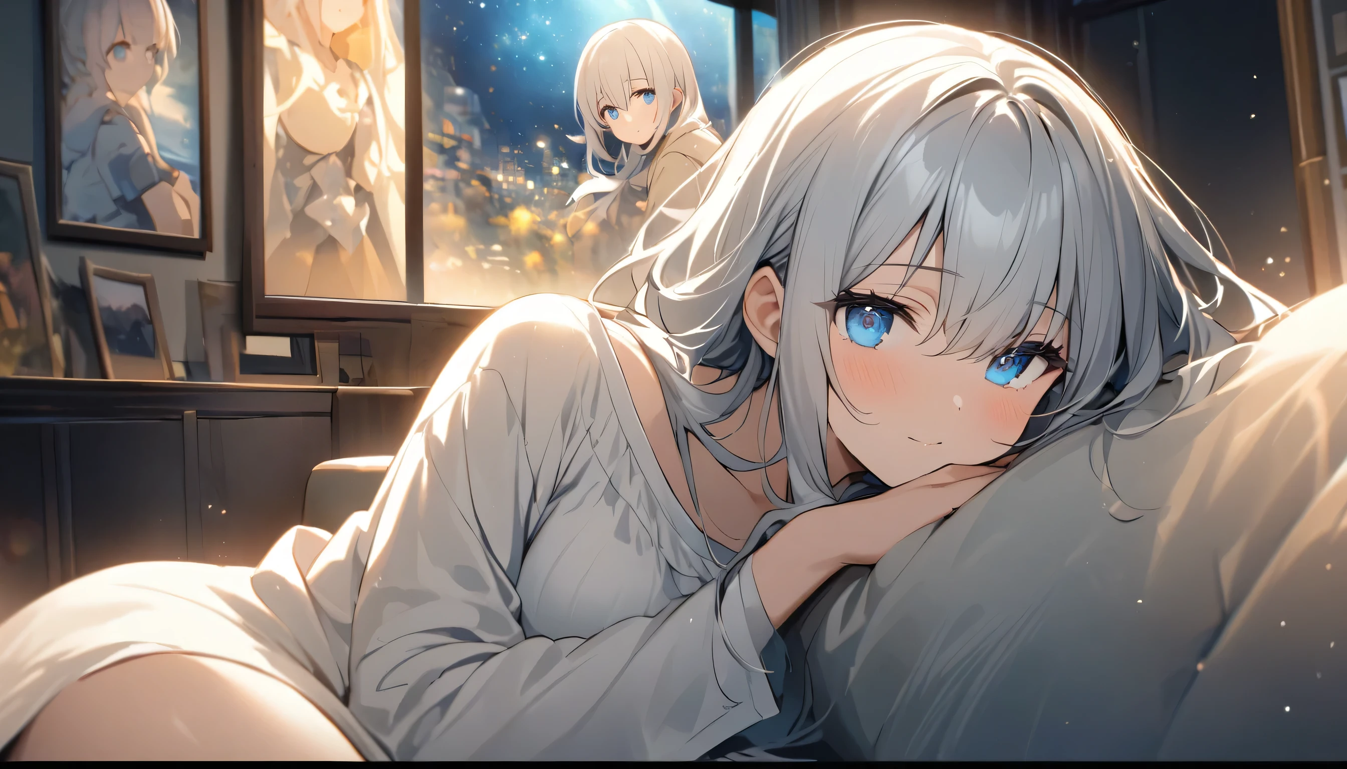 Night sky from large windows、A peaceful corner of the room at night。A young woman with silver hair is lying on a sofa、He is looking at me with a gentle expression。Her blue eyes sparkle、The soft light reflects off her hair.。She was wearing a loose, light-colored, long-sleeved shirt.、There is a relaxed atmosphere。The background is decorated with posters and paintings.、A unique and warm space。It creates a quiet and peaceful scene.。