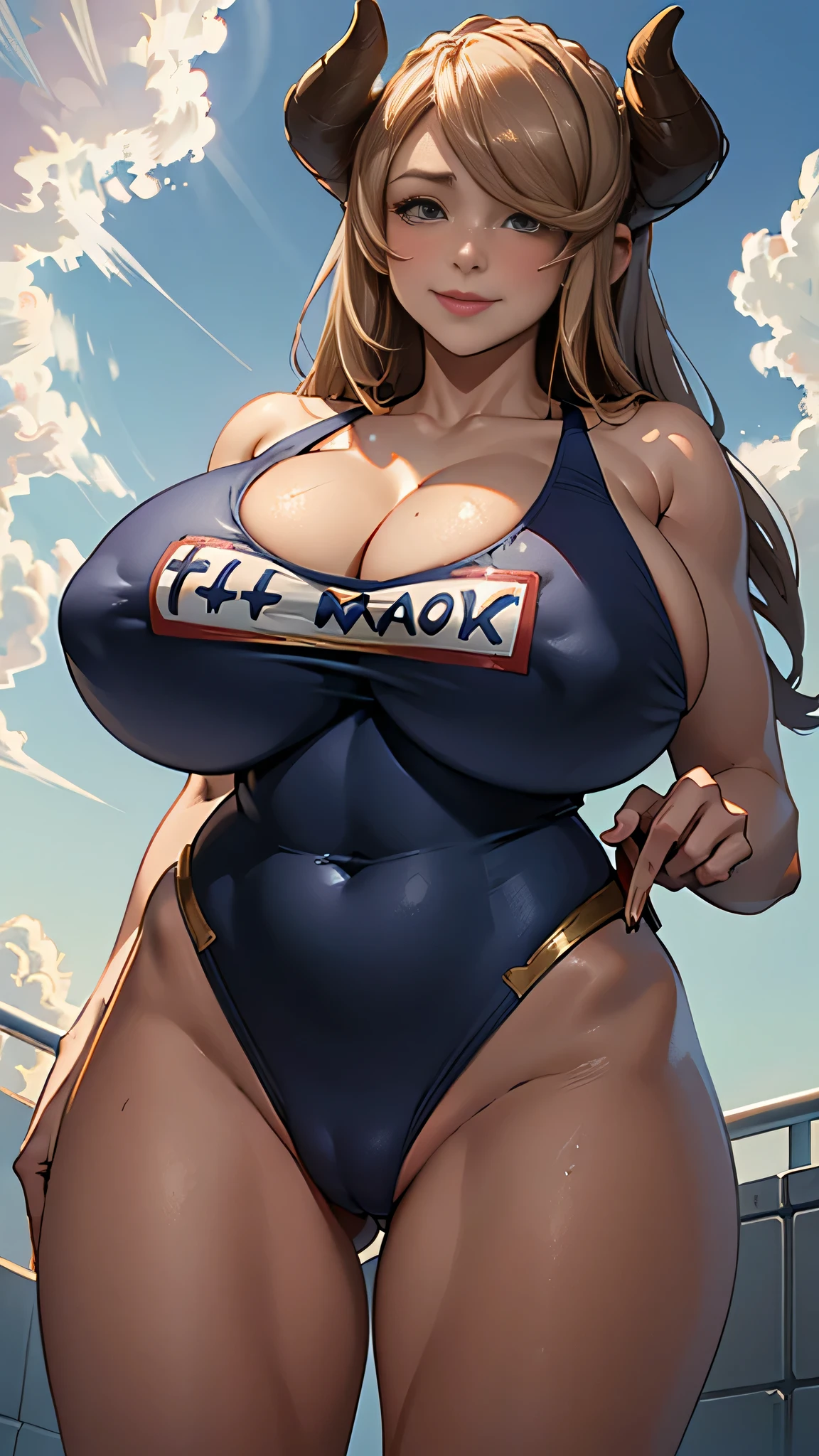 1 girl,high school girl,High Cut,(((Pointed Chest,smile,Navy school swimsuit,Name tag on the chest,Angle looking up at the sky,Cowboy Shot ,pointybreasts,Camel Toe))),((from below:1.5)),((Highest quality, wonderful,8k, masterpiece :1.3)), (Realistic, photoRealistic:1.4),(very fine and beautiful skin),Brown Skin,Very detailed,Cinema Lighting, Detailed light, Best Shadow, Dynamic Angle,(Super big breasts:1.8) ,Voluptuous thighs,Poolside,Wet
