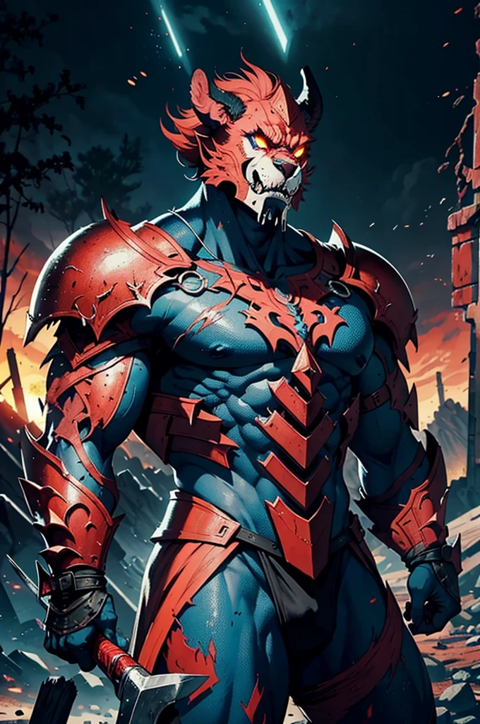 Varkas the Unbroken stands amidst the carnage of the battlefield, his eyes scanning the horizon for any remaining foes. The stench of blood and steel hangs thick in the air, but Varkas remains unfazed. He raises his massive sword, still dripping with the crimson essence of his fallen enemies, and lets out a thunderous roar that echoes across the desolate landscape.