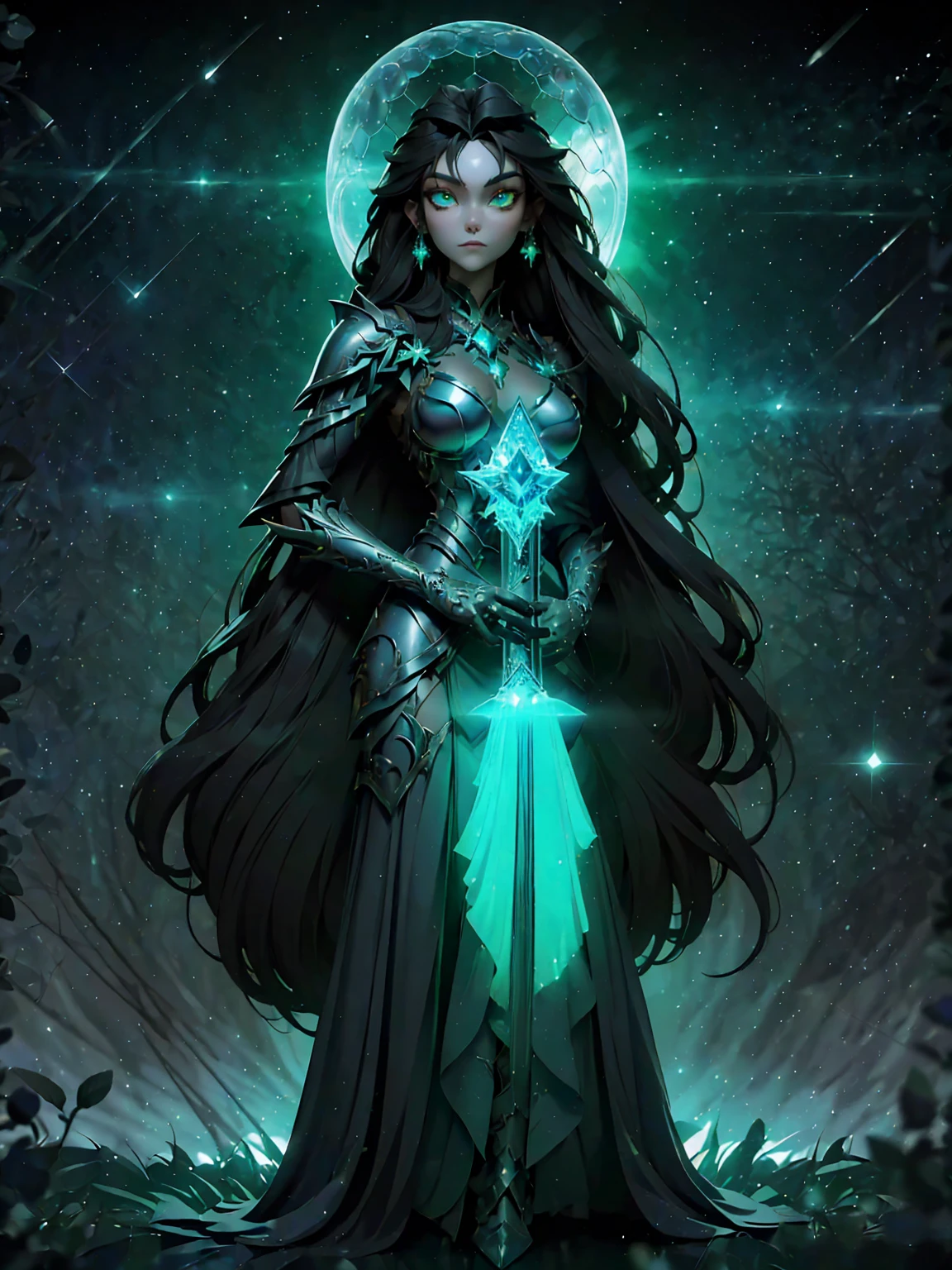 (((Masterpiece, best quality, 16k))) female character with long black hair and glowing green eyes. She wears an ethereal armor in silver, gold, and blue. wields a mystical staff with a floating crystal. The character has a serene expression, with a tranquil forest as the background. ((full body front view)). ((slender)), (extremely detailed:1.5), (long black hair:1.2), (glowing green eyes:1.2), (tranquil forest:1.1), (ethereal armor:1.3), (mystical staff:1.3).