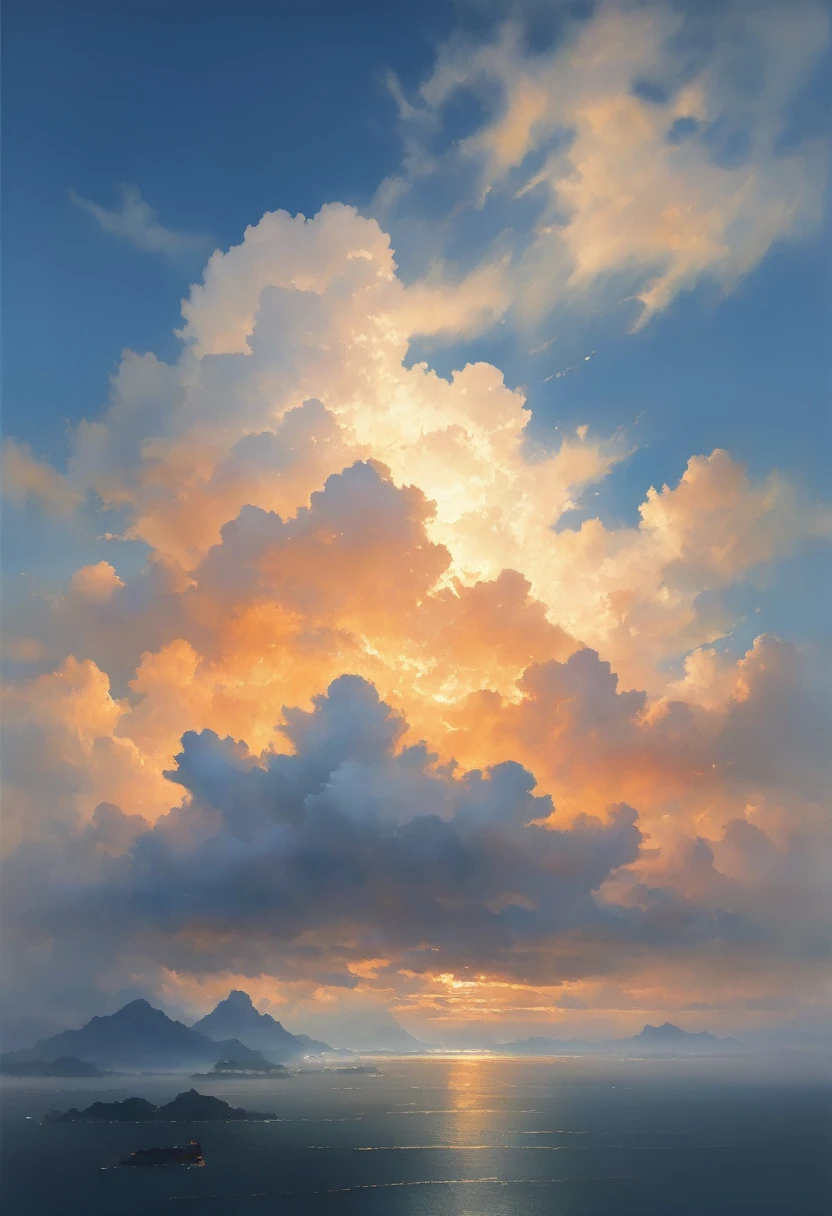 cloud,龍の形をしたcloud,Illuminated by the light of the setting sun ,Background sea,Foggy atmosphere,On-air lighting,薄いcloud,Smooth lines,Light blue and white shades,A serene and majestic sight,Amazing details,Artistic interpretation,Painting Style,masterpiece:1.2