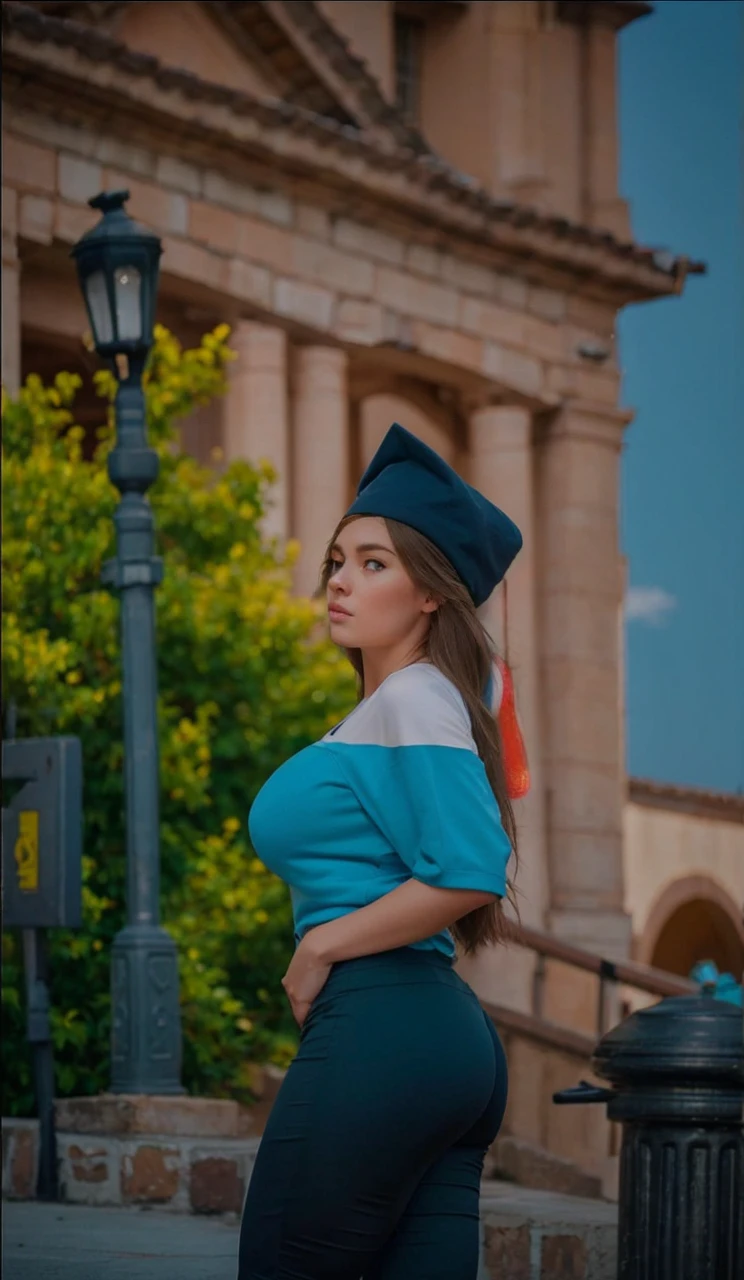 Photograph of white girl in good physical shape, big breasts, medium large butt and hips, blue eyes, light brown hair close to a blonde tone and long, with sports clothing in cdmx