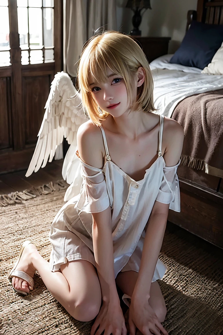 small blonde male angel with shoulder length hair