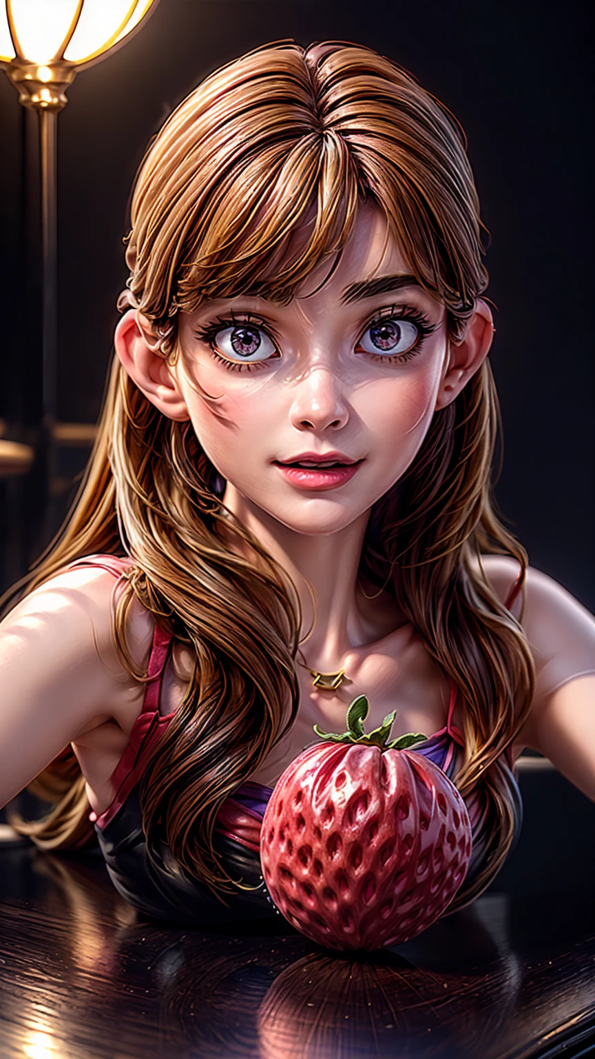 a large strawberry with a girl's face and limbs, running away from a cat before being eaten, detailed facial features, beautiful detailed eyes, beautiful detailed lips, extremely detailed eyes and face, long eyelashes, detailed clothing, detailed background, (best quality,4k,8k,highres,masterpiece:1.2),ultra-detailed,(realistic,photorealistic,photo-realistic:1.37),HDR,UHD,studio lighting,ultra-fine painting,sharp focus,physically-based rendering,extreme detail description,professional,vivid colors,bokeh,surreal,fantasy,digital art,colorful