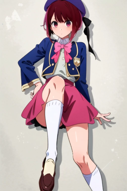 One girl, He cultivated four, Have, Blue hat, beret, shirt, length_sleeve, School_uniform, bow tie, Pink ribbon, Knee socks, White legwear, loafers, Brown footwear,, (masterpiece:1.2), High resolution, Highest quality, 8k