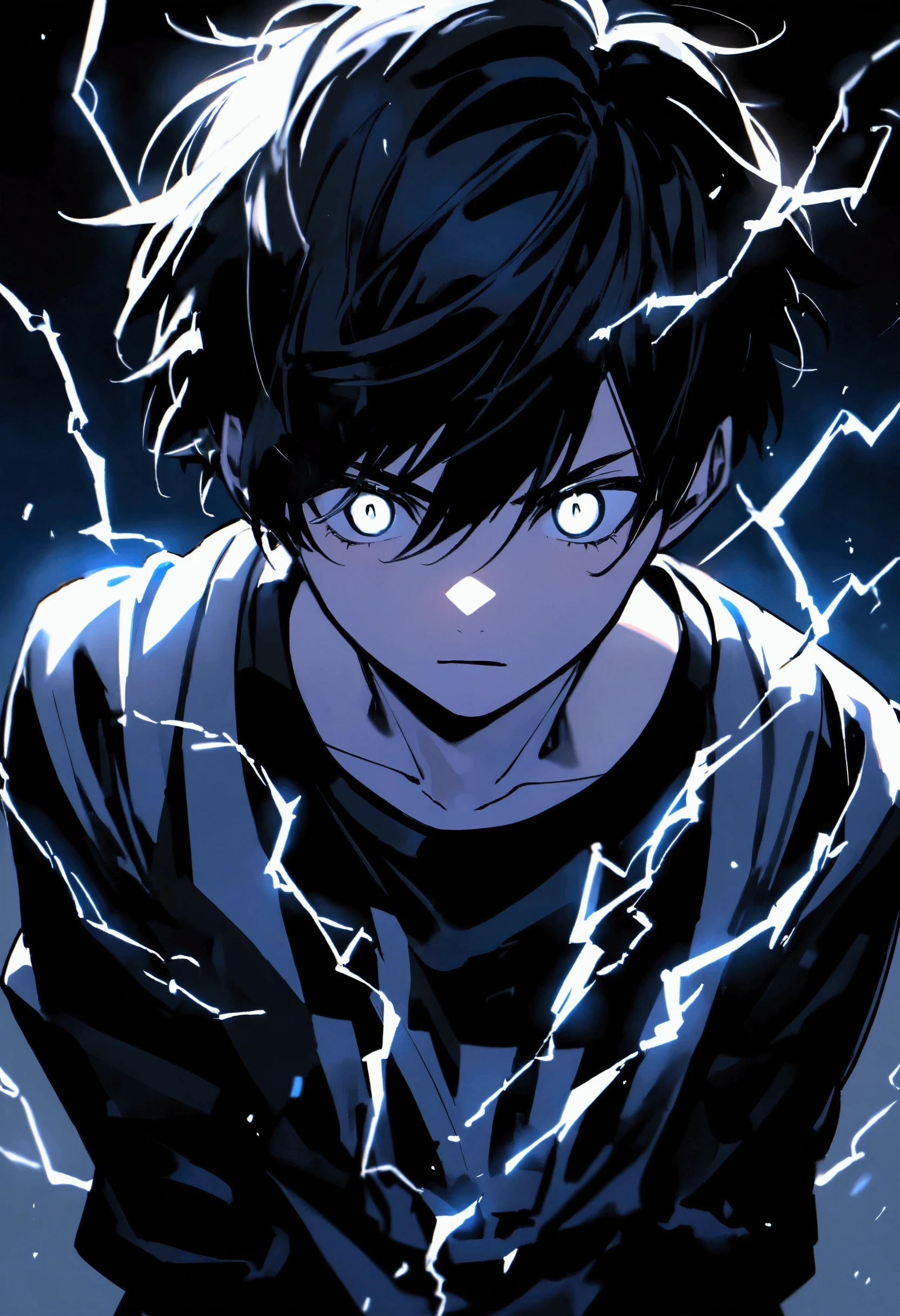 Man 17 years old Long black hair black and white sweatshirt with electricity on his body