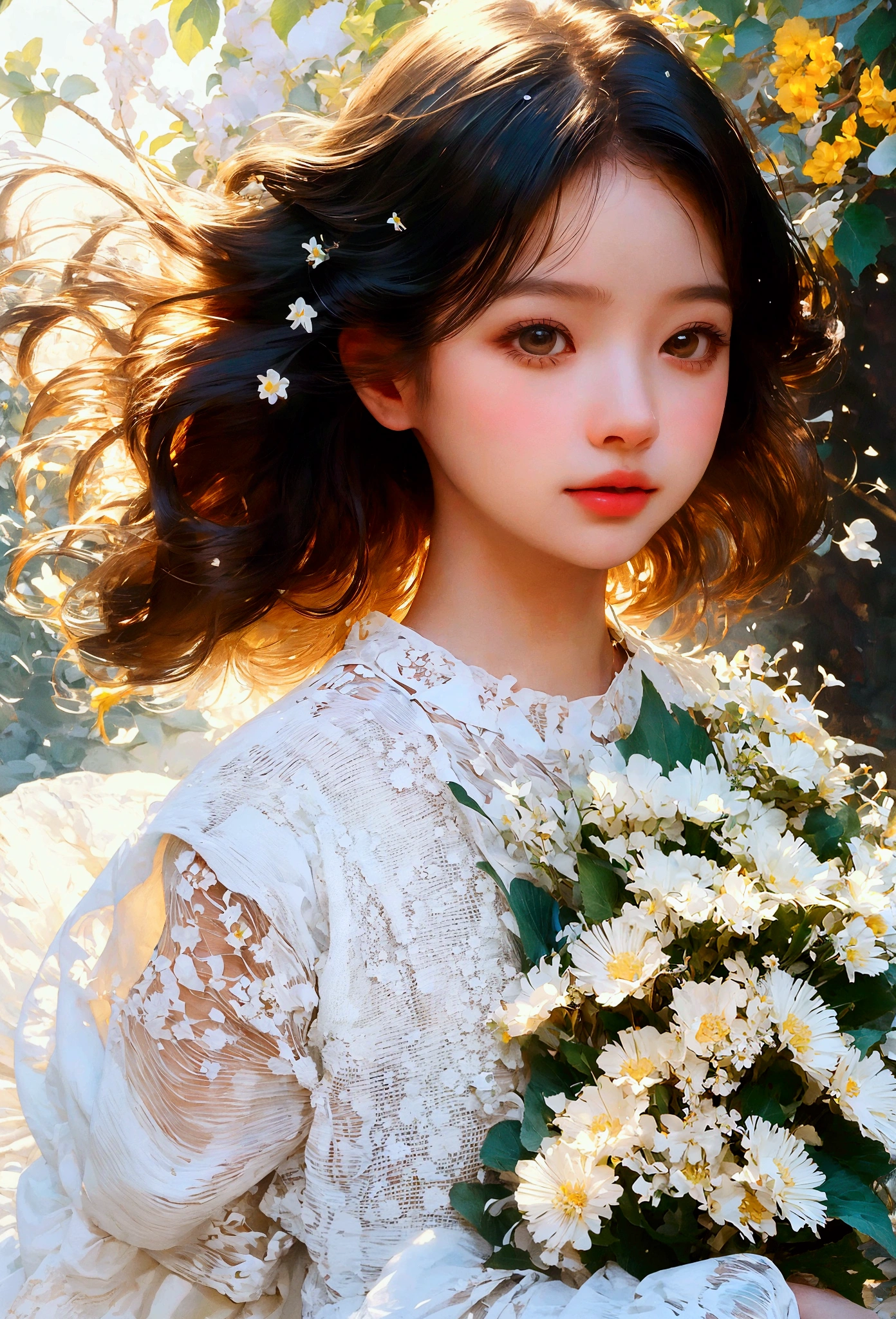 a girl looking down, wind, particles, intricate and detailed natural background, bright mood, upper body, (best quality, masterpiece:1.2), 1girl, detailed eyes, detailed lips, extremely detailed face, long eyelashes, wind blowing hair, serene expression, colorful flowers, lush foliage, sunlight filtering through leaves, warm color palette, soft lighting, cinematic composition, photorealistic, intricate details