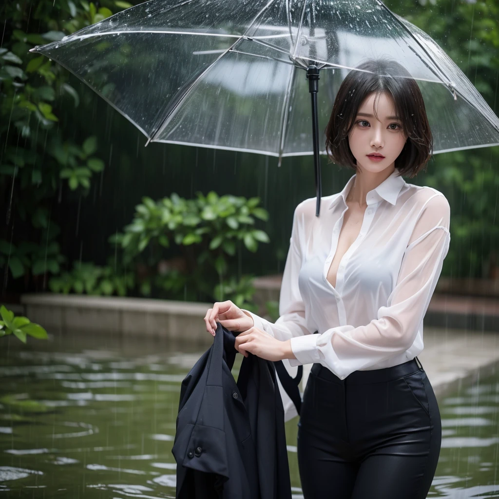 exy pose、Hair getting wet in the rain、Mr.々Hair style、Short Hair、Transparent shirt、Beautiful woman getting wet in the rain、typhoon、Get wet without an umbrella、Beautiful woman in the rain、雨で濡れたBeautyOL、Detailed face、Realistic、beautiful girl、Beauty、Office Lady Uniform、beauty、Beautiful woman、Narrow waist、Handsome woman、Tight pants look、suit、Sexy pose、タイトなsuitパンツ、雨で濡れたsuit、Wet naked shirt、See-through shirt、Shot in heavy rain、Naked shirt、Gaudy colored underwears