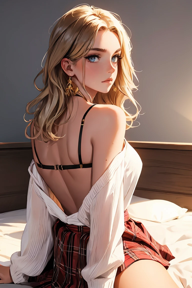 1 girl,a beautiful model ,(work of art, detailed back ground, best qualityer), boho bob, hair to the shoulders, wavy shiny hair, light blonde hair elegant makeup, dark make-up, aretes, pink eyeshadow, white  shirt, red plaid skirt, gold bra and gold panties, blue colored eyes, skin wet, feigned shyness, breasts big, shiny breasts, under the chest, Waist slender, follow and love, leaning forward, he finished