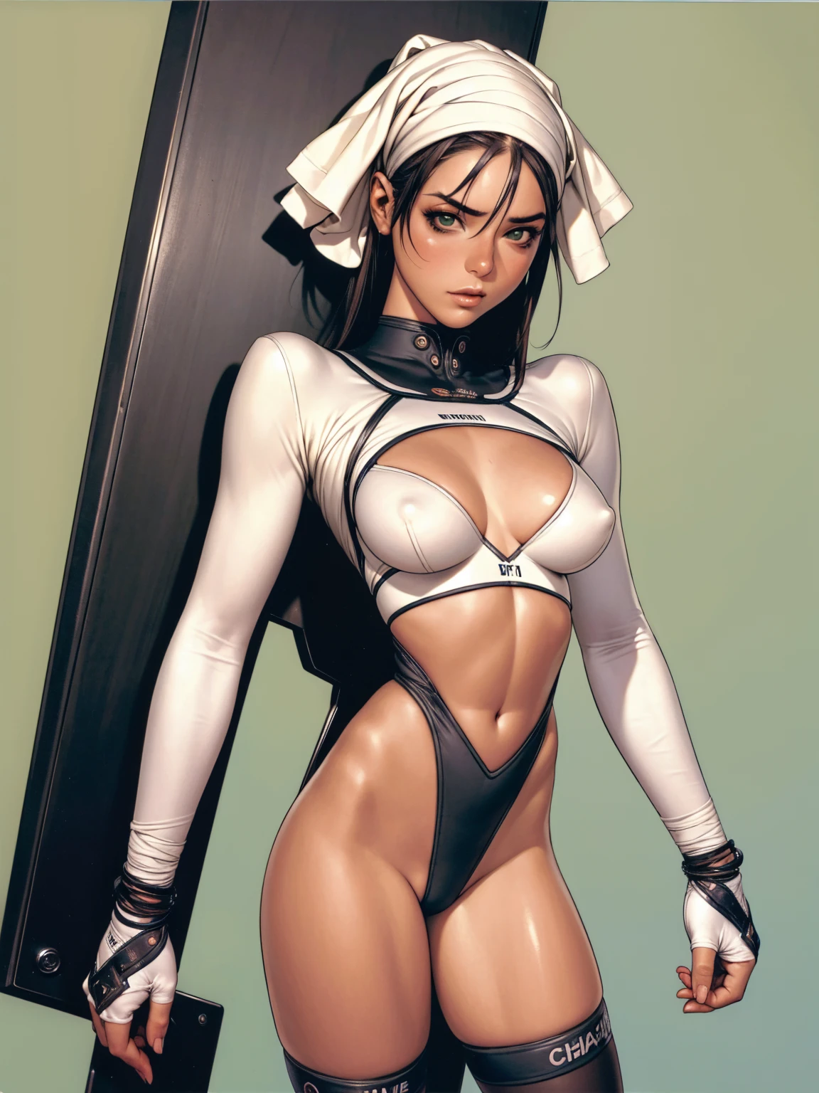 (((Annie Lennox))), ((( Cheerleader suit ))), (((Bandaged body))), ((high collar)), (((dark bluish green))), (((best qualityer: 1.4))), (Unbeatable masterpiece), (hiper HD),(CG 8k hyper-realistic), (((brave face))), (((breasts big))), (((hyper feminine))), sexly girl, Tron,(black bob hair)), ((( sculptural body ))), (((1 Kizi))), Kizi cibernética de 25 anos com perfectbody,,Beautiful and well-groomed face,muscular body:1.2,solid color detailed jacket, (Head to thigh photos), Complex equipment, green dark,Long pants,Tight clothes are dark,With white stars and off-white stripes,,,,,Armor Metal Electronic Parts, Poison tattoos ) INFO, Kizi, (((standing alone))), pirralha violent, ((())), sexly, pose de atitude, work of art, post-apocalypse, (((manga style))), bounty hunter, violent, Manic, the way you want, slenderbody, thin but strong, perfectbody, roupa moderna, advanced technology, neon, sleeves with vertical striped pattern, neutral background, (( cowboy shot )). intricate visual