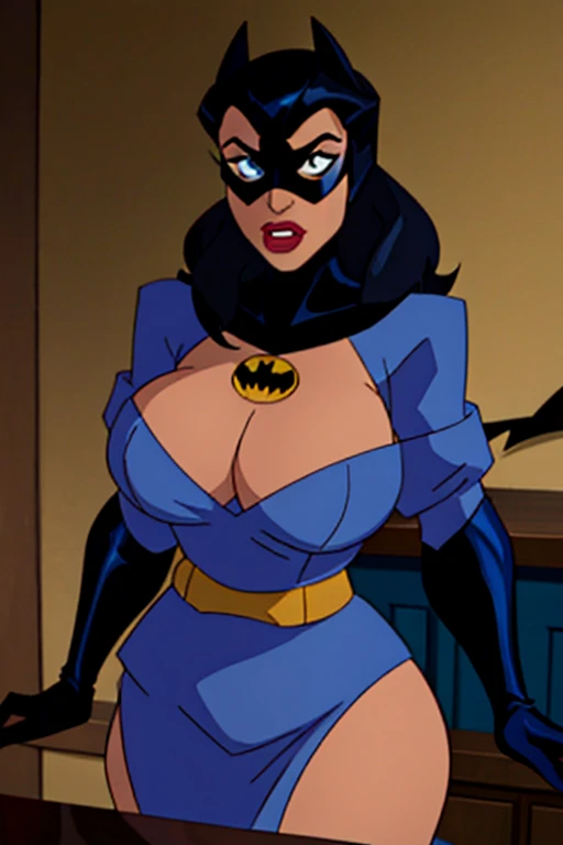 Batman transformed into a docile sexy female bimbo with huge breasts and thick lips